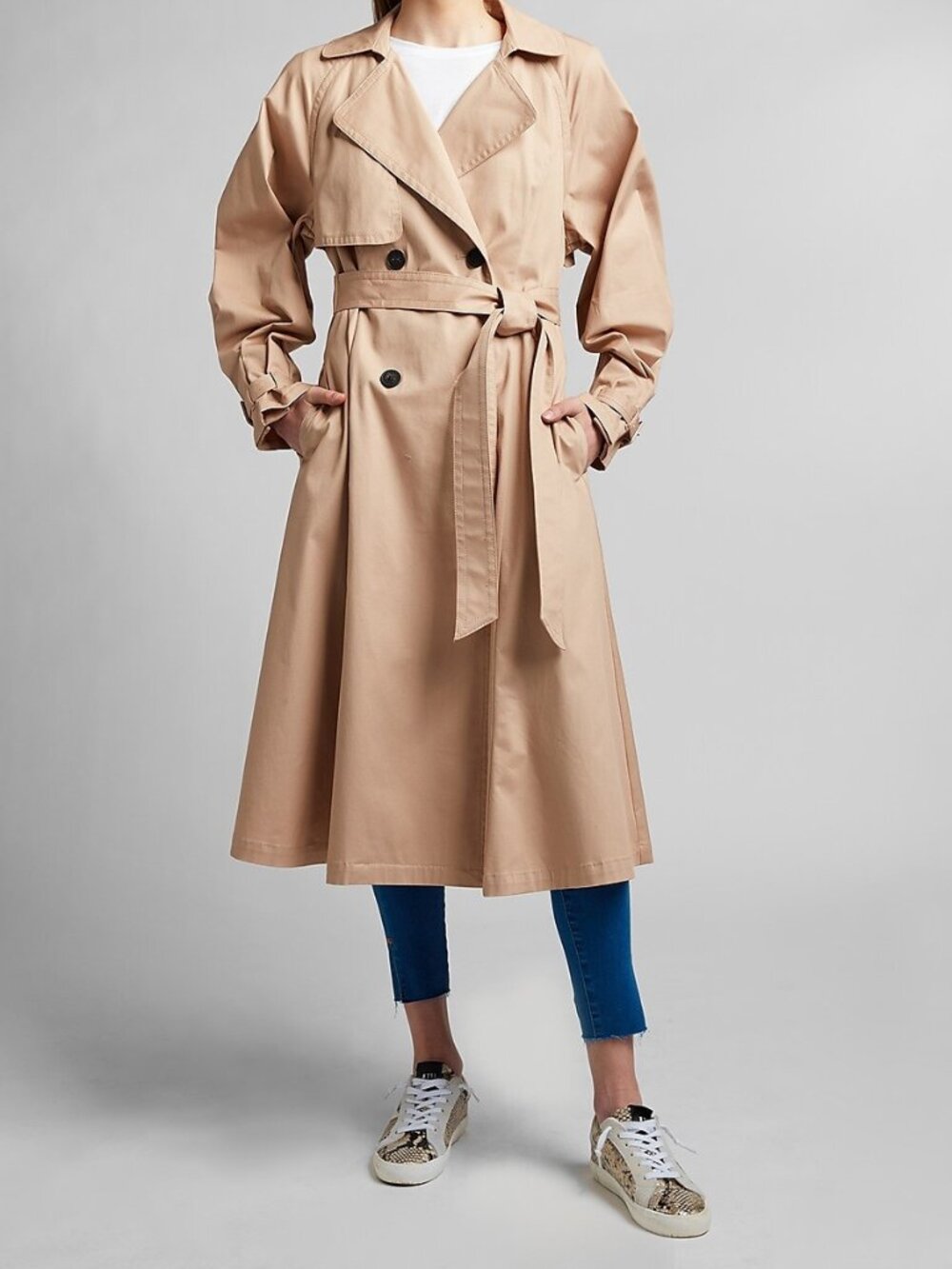NWT $178 EXPRESS Beige Balloon-Sleeve Pleated Trench Coat, Sz M